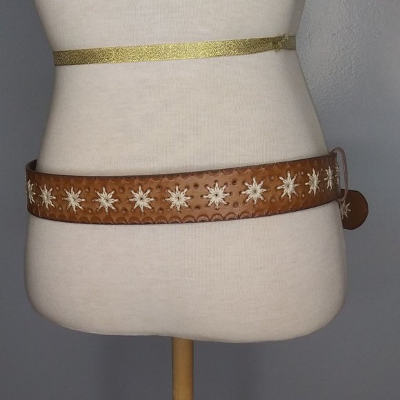 Boho hippie  leather belt with snap in colorful metal buckle size SM 32 inches main image 8
